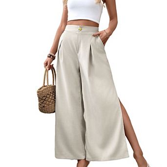 Women's High Waist Wide Leg Pants Pleated Split Hem Casual Summer Trousers with Pockets