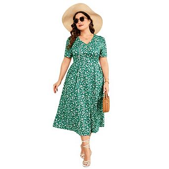 Women's Plus Size Floral Print V-Neck Midi Dress Short Sleeve A-Line Casual Dress