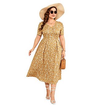 Women's Plus Size Floral Print V-Neck Midi Dress Short Sleeve A-Line Casual Dress