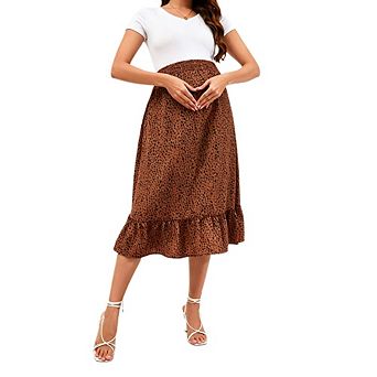 Women's Maternity Floral Print Midi Skirt Elastic Waist Ruffle Hem Casual Skirt