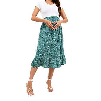 Women's Maternity Floral Print Midi Skirt Elastic Waist Ruffle Hem Casual Skirt