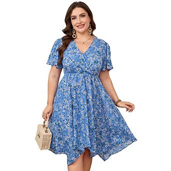 Women Plus Size Casual Dress Short Sleeves V Neck Midi Dress High Waist Irregular Hem Summer Dress