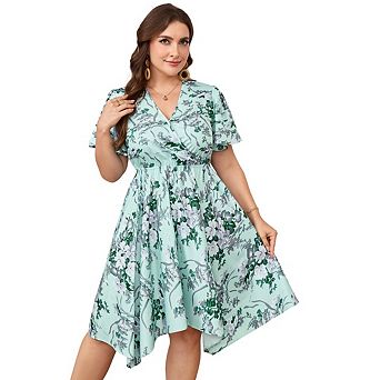 Women Plus Size Casual Dress Short Sleeves V Neck Midi Dress High Waist Irregular Hem Summer Dress