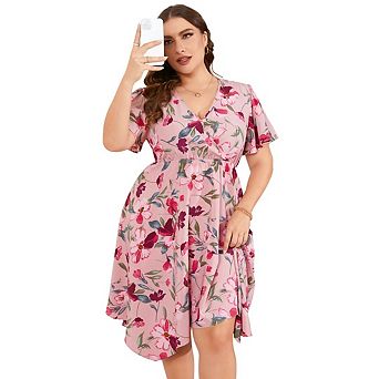 Women Plus Size Casual Dress Short Sleeves V Neck Midi Dress High Waist Irregular Hem Summer Dress