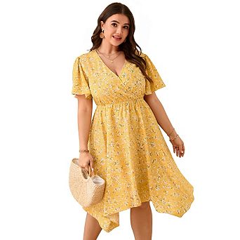 Women Plus Size Casual Dress Short Sleeves V Neck Midi Dress High Waist Irregular Hem Summer Dress