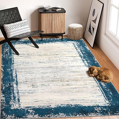 Washable Bordered Area Rug Traditional Non-Slip, Low Pile Carpet Mark Resistant, Collapsible