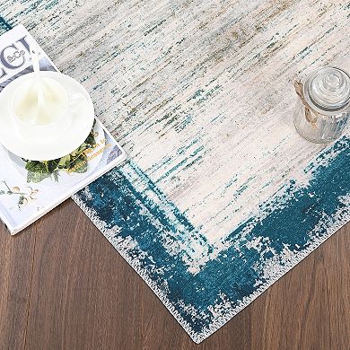 Washable Bordered Area Rug Traditional Non-Slip, Low Pile Carpet Mark Resistant, Collapsible