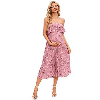 Women's Maternity Floral Print Cami Midi Dress Ruffle Overlay Pleated Casual Dress