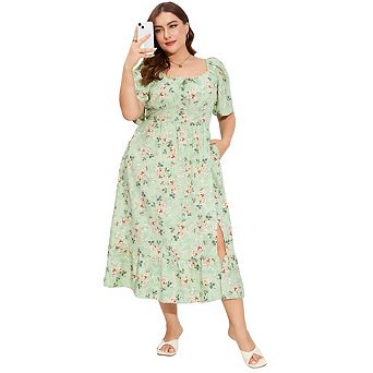 Womens Plus Size Floral Dress Square Neck Summer Dress Ruffle Short Sleeve Tie Front Boho Maxi Dress