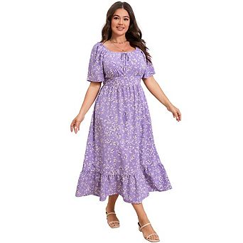 Womens Plus Size Floral Dress Square Neck Summer Dress Ruffle Short Sleeve Tie Front Boho Maxi Dress