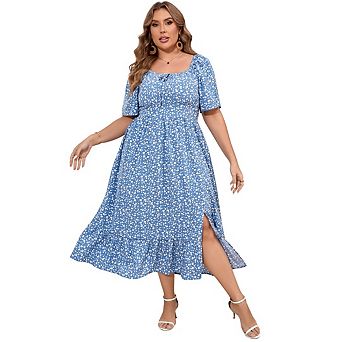 Womens Plus Size Floral Dress Square Neck Summer Dress Ruffle Short Sleeve Tie Front Boho Maxi Dress