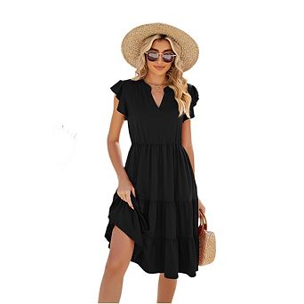 Women Casual Boho Dresses Summer Ruffle Sleeve V Neck Tiered Midi Dress Outfits for Beach Vacation