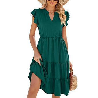 Women Casual Boho Dresses Summer Ruffle Sleeve V Neck Tiered Midi Dress Outfits for Beach Vacation
