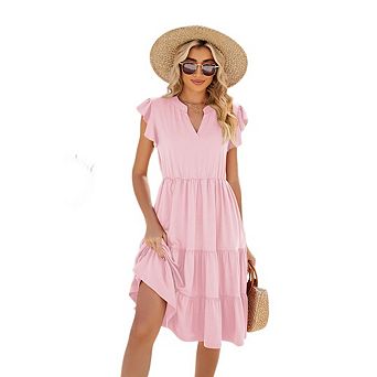 Women Casual Boho Dresses Summer Ruffle Sleeve V Neck Tiered Midi Dress Outfits for Beach Vacation