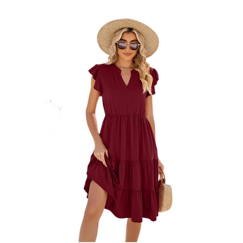 Women Casual Boho Dresses Summer Ruffle Sleeve V Neck Tiered Midi Dress ...
