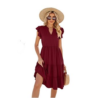 Women Casual Boho Dresses Summer Ruffle Sleeve V Neck Tiered Midi Dress Outfits for Beach Vacation