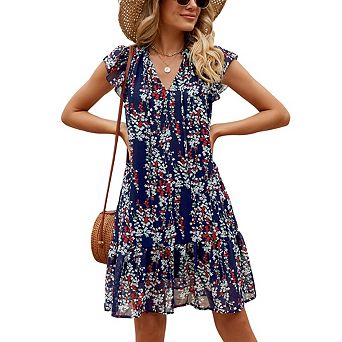 Women's Boho Floral Dress Summer V Neck Babydoll Mini Dress Flutter Sleeve Flowy Shift Short Dress