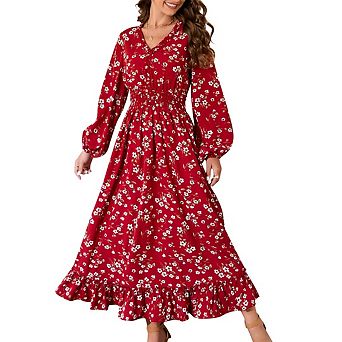 Women Casual Dress Boho Floral V Neck Long Sleeve Maxi Dresses Bohemian Flowy Print Maxi Dress