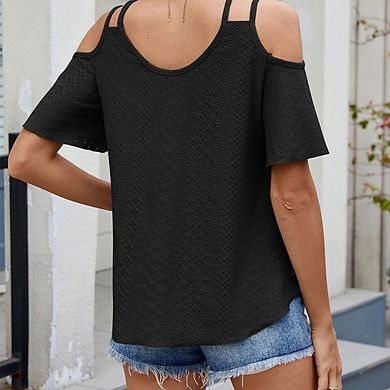 Womens Cold Shoulder Top Basic T Shirts 3/4 Sleeve Casual Blouse Tshirts