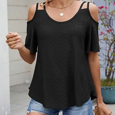 Womens Cold Shoulder Top Basic T Shirts 3/4 Sleeve Casual Blouse Tshirts