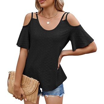 Womens Cold Shoulder Top Basic T Shirts 3/4 Sleeve Casual Blouse Tshirts