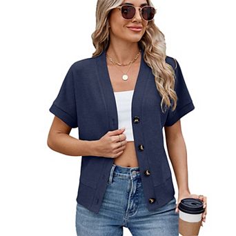 Womens Tops Waffleknit Button Down Shirts Casual V Neck Short Sleeve Dressy Blouses