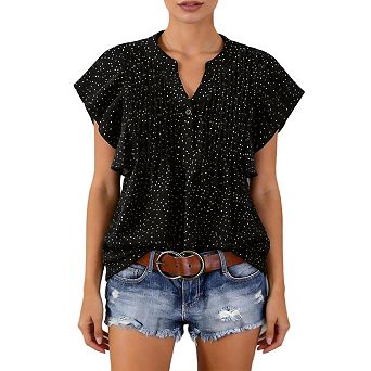Button Up Shirt Women Dressy Casual V Neck Ruffle Short Sleeve Work Trendy Spring Summer Tops