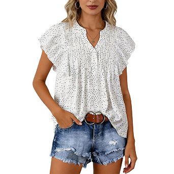 Button Up Shirt Women Dressy Casual V Neck Ruffle Short Sleeve Work Trendy Spring Summer Tops