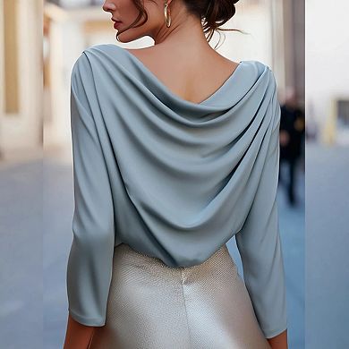 Women's Elegant Draped Neck Satin Long Sleeve Shirt Stylish Solid Color Business Office Top