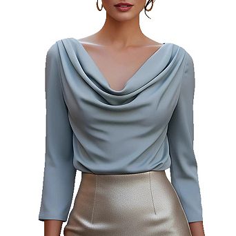 Women's Elegant Draped Neck Satin Long Sleeve Shirt Stylish Solid Color Business Office Top