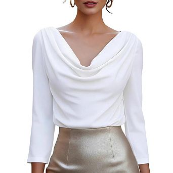 Women's Elegant Draped Neck Satin Long Sleeve Shirt Stylish Solid Color Business Office Top