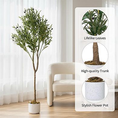 Artificial Olive Trees Artificial,4.2FT Tall Faux Olive Tree with Planter & Lifelike Leaves & Fruits
