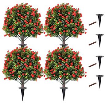 4 pc Artificial Boxwood Topiary Balls with Rose Accents,UV Resistant Fake Shrubs with Ground Spikes