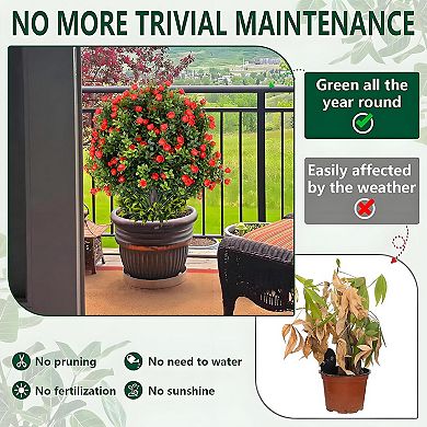 4pcs Artificial Boxwood Topiary Balls with Rose Accents,UV Resistant Fake Shrubs with Ground Spikes