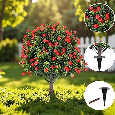 4pcs Artificial Boxwood Topiary Balls with Rose Accents,UV Resistant Fake Shrubs with Ground Spikes