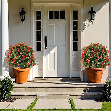4pcs Artificial Boxwood Topiary Balls with Rose Accents,UV Resistant Fake Shrubs with Ground Spikes