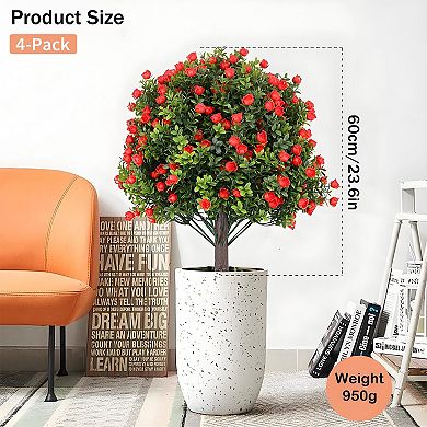 4pcs Artificial Boxwood Topiary Balls with Rose Accents,UV Resistant Fake Shrubs with Ground Spikes