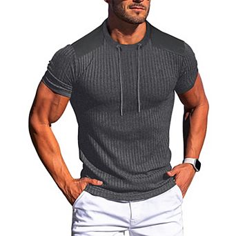 Men's Ribbed Knit Short Sleeve T-Shirt, Slim Fit Crew Neck Tee with Drawstring Detail