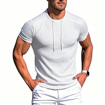 Men's Ribbed Knit Short Sleeve T-Shirt, Slim Fit Crew Neck Tee with Drawstring Detail