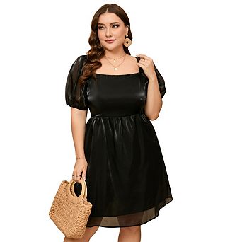 Women's Plus Size Dress Casual Square Neck Short Puff Sleeve Dress Babydoll Mesh Mini Dress