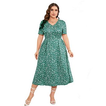 Womens Plus Size Maxi Dress Summer Casual Boho Floral High Waist Flowy Short Sleeve Dresses
