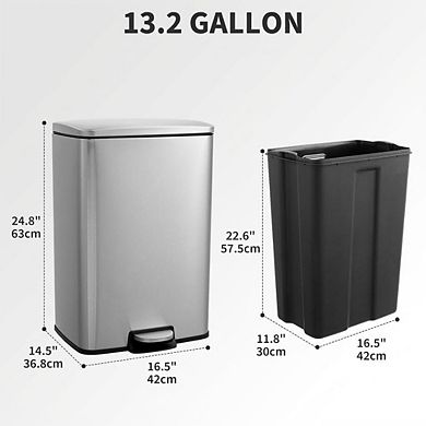Stainless Steel Kitchen Trash Can with Lids,13 Gal/50 L Large Garbage Can with Step-on,Inner Bucket