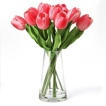 10 pc 14 Inch Realistic Tulip Stems with Glass Vase, Faux Tulip Bouquet with Clear Water Effect