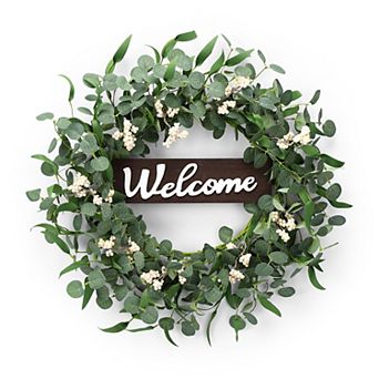 Eucalyptus Wreath for Front Door, 20 Inch Spring Summer Faux Greenery Wreath with Welcome Sign