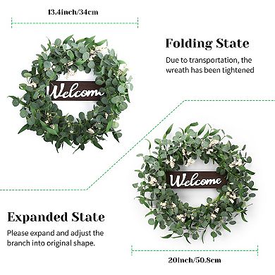 Eucalyptus Wreath for Front Door, 20 Inch Spring Summer Faux Greenery Wreath with Welcome Sign