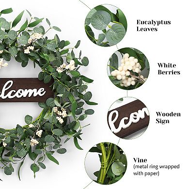 Eucalyptus Wreath for Front Door, 20 Inch Spring Summer Faux Greenery Wreath with Welcome Sign