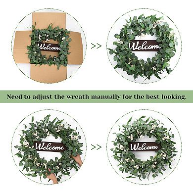 Eucalyptus Wreath for Front Door, 20 Inch Spring Summer Faux Greenery Wreath with Welcome Sign