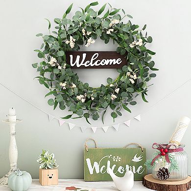 Eucalyptus Wreath for Front Door, 20 Inch Spring Summer Faux Greenery Wreath with Welcome Sign