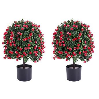 UV Resistant Artificial Boxwood Rose Topiary Ball, Realistic Potted Faux Plant Odorless PE Shrub