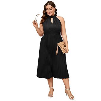 Women's Plus Size Dressd Summer Halter Neck Sleeveless Dress Backless Flowy Pleate Midi Sundress
